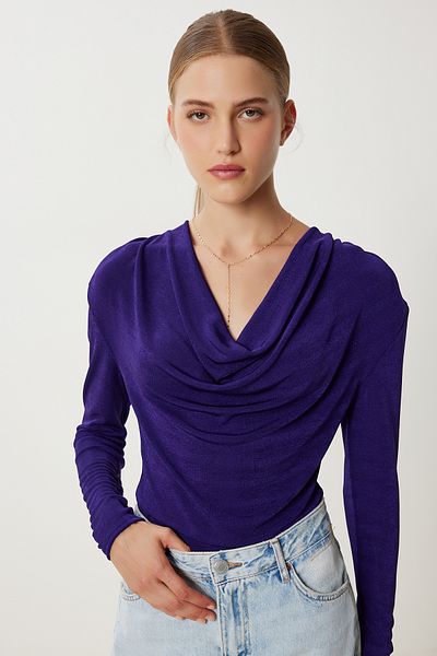Lovelyİstanbul Bluză tricotată cu guler Degaje căptușit LRC0007 PURPLE