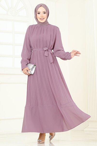 ModaMerve Piliseli Şifon Abiye Elbise 2150MP806-MS Açık Gül Kurusu