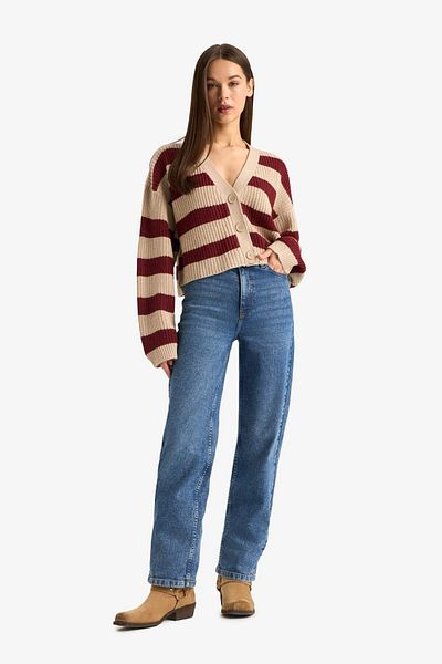 DeFacto Regular Fit V-Neck Striped Knitwear Cardigan Z8539Az25Wn