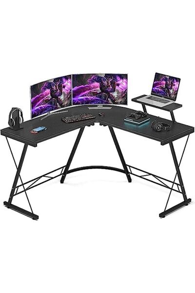 AGD Corner Computer Desk L-Shaped with Large Monitor Stand and Shelf for Home and Office, Sturdy Space-S