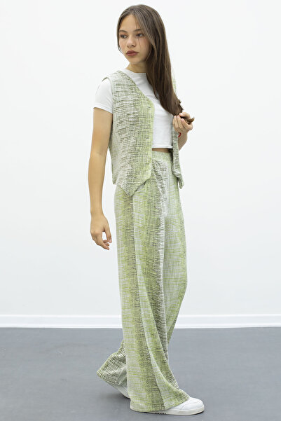 Cansın Mini Khaki Buttoned Vest and Wide Leg Belted Trousers for Girls 2 Piece Set 21009