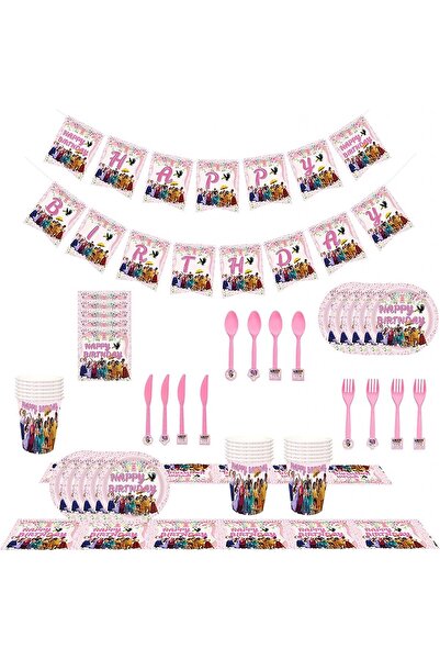 Cmdxbd Set de tacâmuri pentru petrecere, hârtie, roz, animat, pentru 10 persoane, 72 de piese