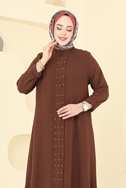 ModaMerve Önü İncili Tesettür Takım 3101HBS856-MS Kahve