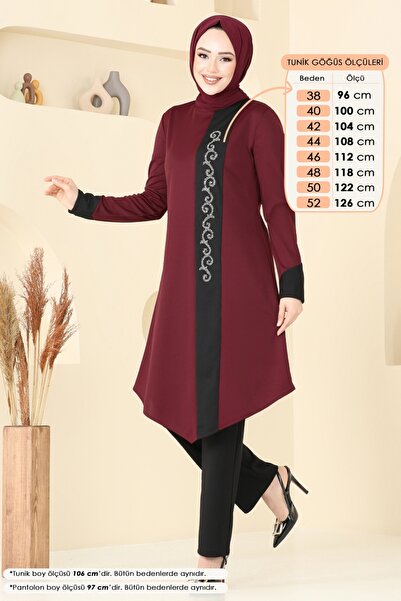 ModaMerve Stone Detail Hijab Suit Asm2802-Ms Claret Red