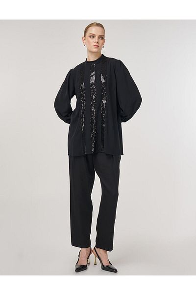 Kayra Sequin Embroidered Stylish Blouse Black