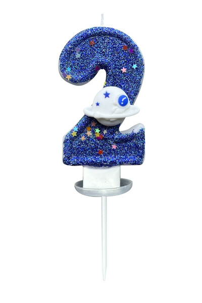 L&Wen شموع الكيك الزرقاء رقم 2 مقاس 7 سم، شمعة ذات طابع كوكبي لأعياد الميلاد والاحتفالات ذات الطابع الخاص