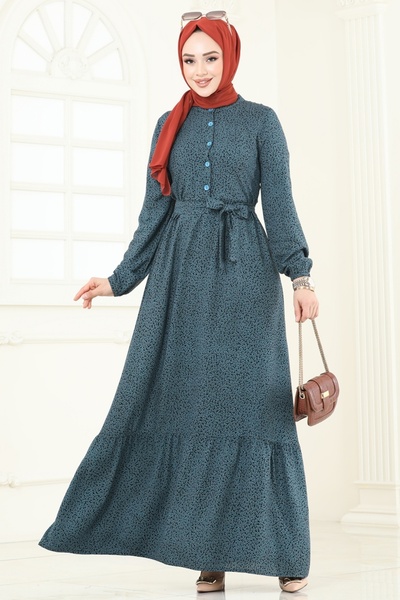 ModaMerve Yarım Düğmeli Viskon Elbise 4068ZNN863-MS İndigo