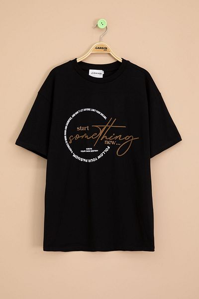 Cansın Mini Black Text Embroidered Back Printed Boys Crew Neck T-Shirt 20895