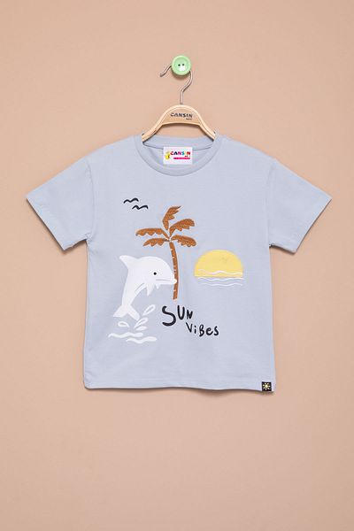 Cansın Mini Blue Fish Printed Embroidered Baby Boy Crew Neck T-Shirt 20943