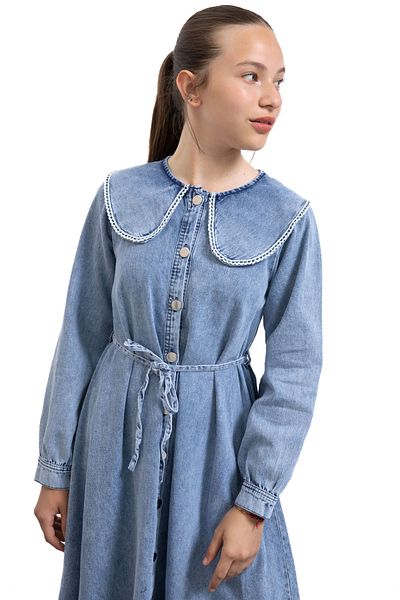 Cansın Mini Blue Button Closure Lace Detailed Girl's Long Sleeve Jean Dress 21138