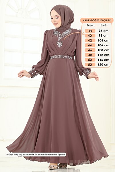 ModaMerve Taşlı Şifon Tesettür Abiye 7084ABK1075-MS Pudra Vizyon