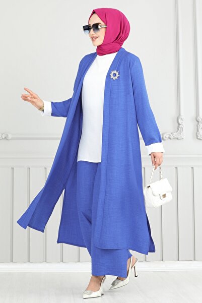 ModaMerve Yandan Yırtmaçlı Üçlü Takım 1774LVN1041-MS İndigo