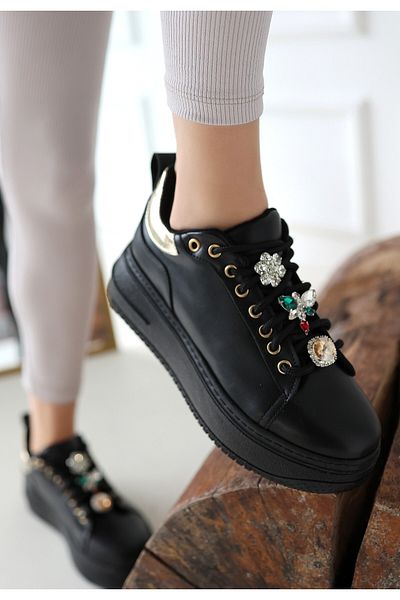 Skygo Tenya Black Leather Stoned Lace-Up Sports Shoes