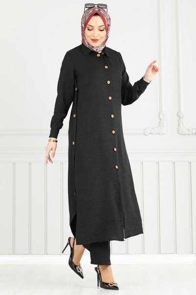 ModaMerve Yırtmaç Düğmeli Takım 833OZN1046-MS Siyah