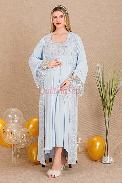 quilling Mavi Renk Dantel Detaylı 33501 Sabahlıklı 2li Hamile Gecelik Takım Set