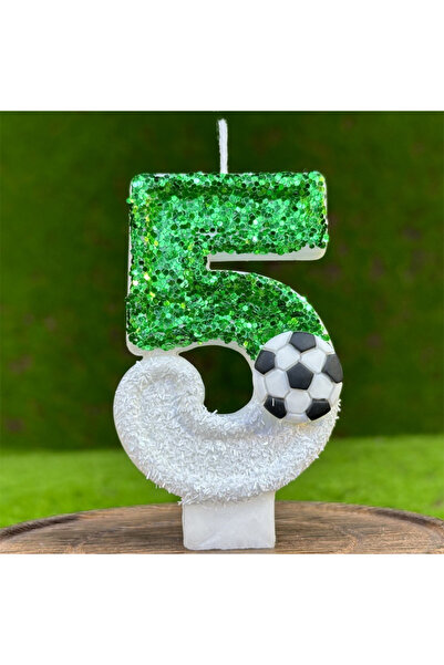 L&Wen شموع كعكة كرة القدم رقم 5 باللون الأبيض والأخضر مقاس 7 سم، شمعة ذات طاب...