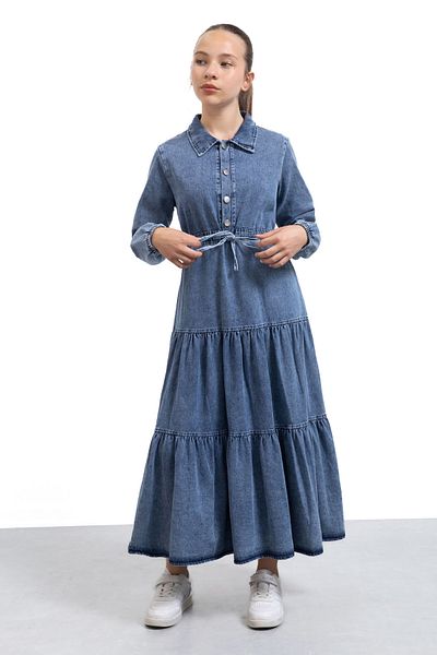 Cansın Mini Dark Blue Long Cut Belted Girl's Pleated Jean Dress 21137