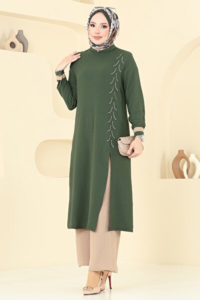 ModaMerve Hijab Set with Stone Detail on the Front Pl9137-Ms Khaki&Vision