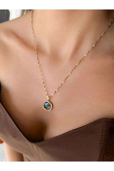 ATALYA ACCESSORY Singapore Chain Blue Zircon Stone Planet Vip No Fade No Tarnish Steel Necklace