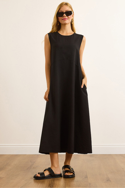 Olalook Women's Black Pocket Stitching Detailed Maxi Crinkle Dress Elb-19002525