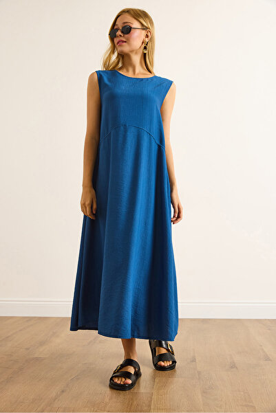 Olalook Kadın Mavi Cepli Dikiş Detaylı Maksi Krinkıl Elbise ELB-19002525