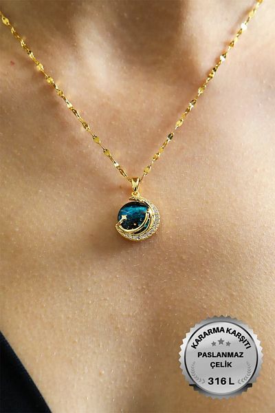 ATALYA ACCESSORY Singapore Chain Blue Zircon Stone Planet Vip No Fade No Tarnish Steel Necklace