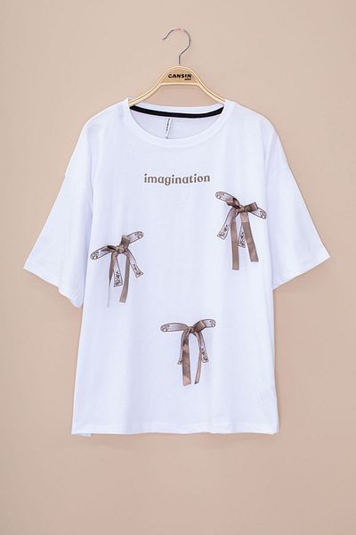 Cansın Mini Ecru Text Printed Bow Girl's Short Sleeve Oversize T-Shirt 20802