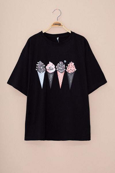 Cansın Mini Black Ice Cream Printed Stone Girl's Short Sleeve Oversize T-Shirt 20797
