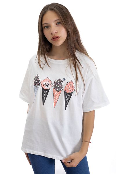 Cansın Mini Ecru Ice Cream Printed Stone Girl's Short Sleeve Oversize T-Shirt 20793
