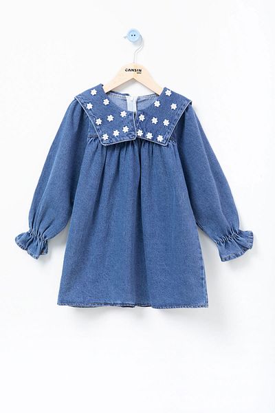 Cansın Mini Navy Blue Collar Daisy Embroidered Long Sleeve Girl's Jean Dress 20689