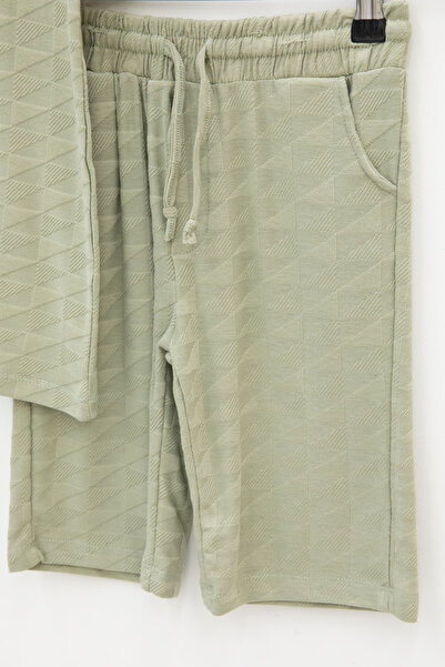 Cansın Mini Khaki Square Patterned Crew Neck T-Shirt Boys Shorts Suit 20783