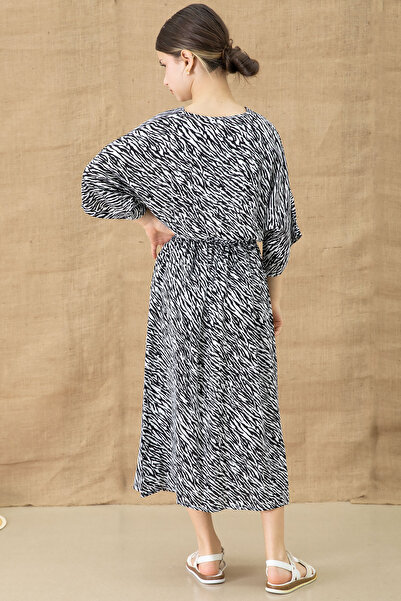 Cansın Mini Black Zebra Patterned Belted Girl's Short Sleeve Dress 20769