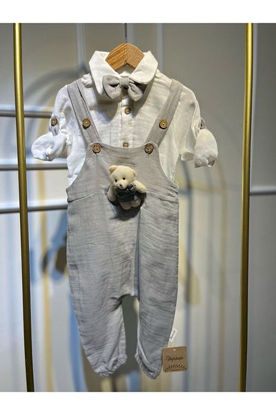 baume clothes Muslin Baby Boy Slopet Jumpsuit with Bow Tie and Teddy Bear