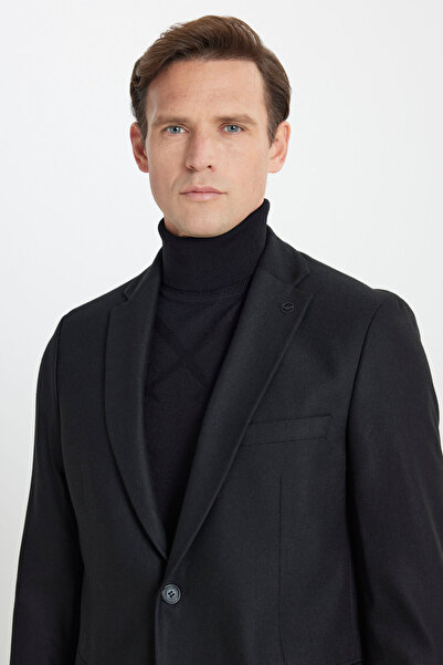 ALTINYILDIZ CLASSICS Ανδρικό μαύρο μάλλινο μπουφάν με κανονική εφαρμογή με μονό γιακά και τσέπη