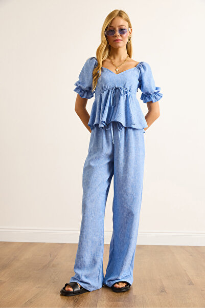 Olalook Women's Blue Blouse Trousers 2 Pcs Set Tkm-19000417