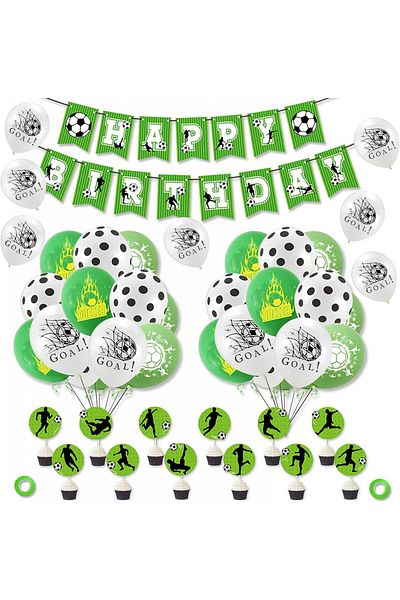 Smileh birthday set, football theme, green/white/black, latex/paper 35 pieces