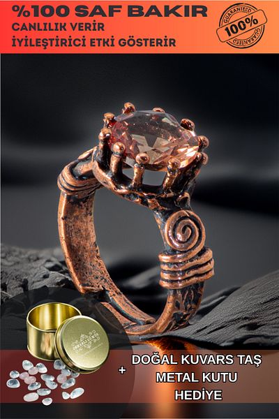 OSMANLI GÜMÜŞ Women's Copper Ring - Zultanite Stone Tree Bark Model Thin Metal Box Quartz Stone Ring