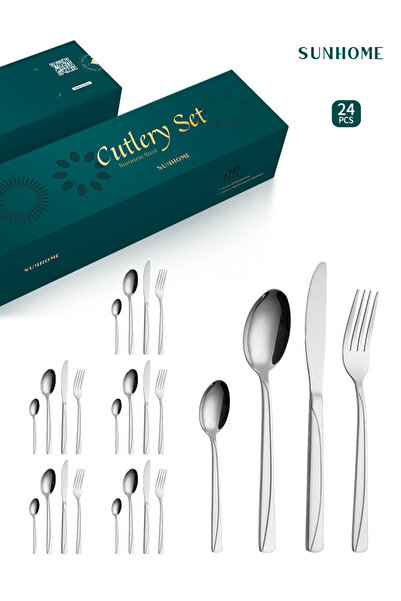 Sunhome طقم أدوات مائدة من الفولاذ المقاوم للصدأ مكون من 24 قطعة باللون الفضي