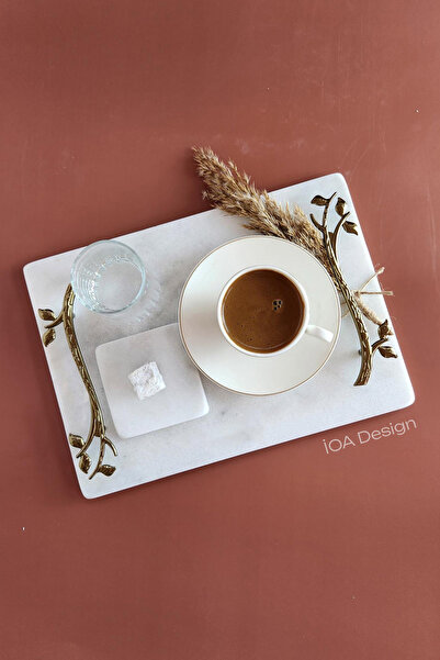ioadesign Acacia - Groom Coffee Set Real Thin Marble Tray + Cup + Water Glass + Turkish Delight Bowl Bronze Handle