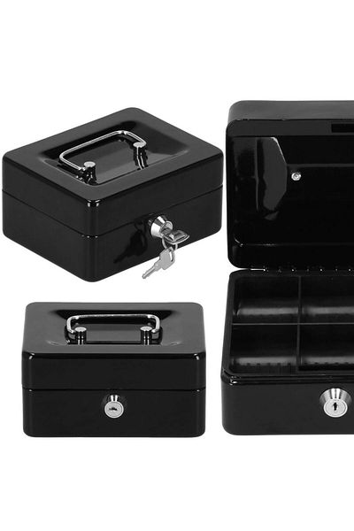 SERSIMO Safe deposit box type money box, compartmentalized, with key, metal, 15x12x8cm, black