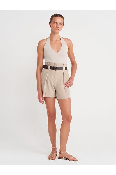 Dilvin 72152 Belted High Waist Shorts-Stone