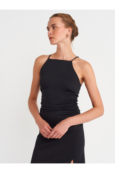 Dilvin 91502 Halter Yaka Midi Elbise-Siyah