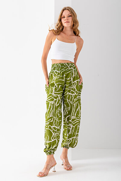 GİYSA Kadın Etnik Desenli Çift Cepli Şalvar Pantolon Açık Yeşil - 2460