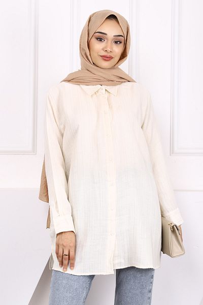 İmajButik Beige Glitter Striped Linen Tunic