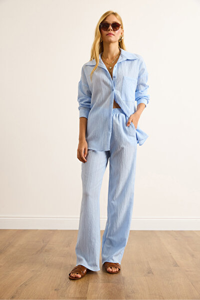 Olalook Women's Baby Blue Muslin Shirt Trousers Set Tkm-19000422