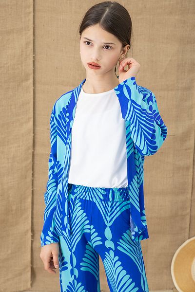 Cansın Mini Blue Leaf Patterned Kimono and Wide Leg Trousers Girl's 3 Piece Set 20763