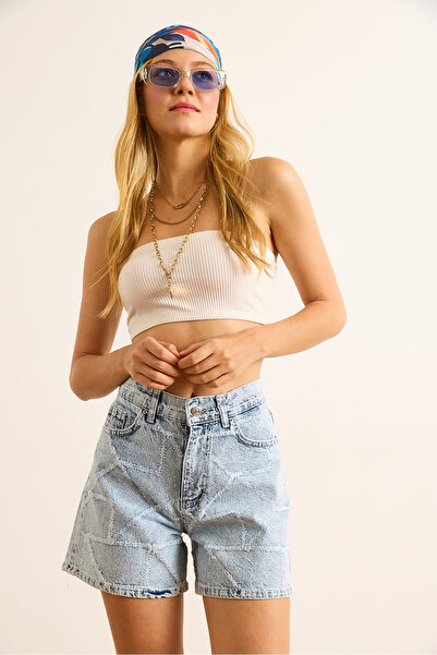 Olalook Women's Asymmetrical Blue Laser Tumbled Detailed Denim Shorts Shrt-19000076