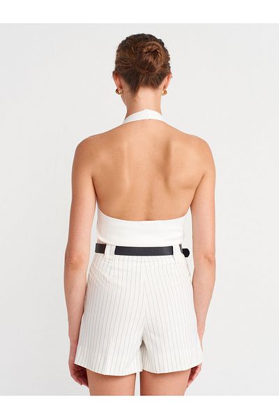 Dilvin 72147 Normal Waist Battery Detailed Shorts-White