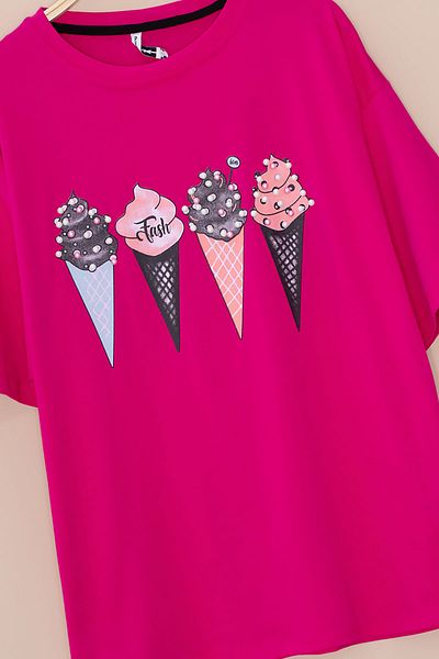 Cansın Mini Fuchsia Ice Cream Printed Stone Girl's Short Sleeve Oversize T-Shirt 20796