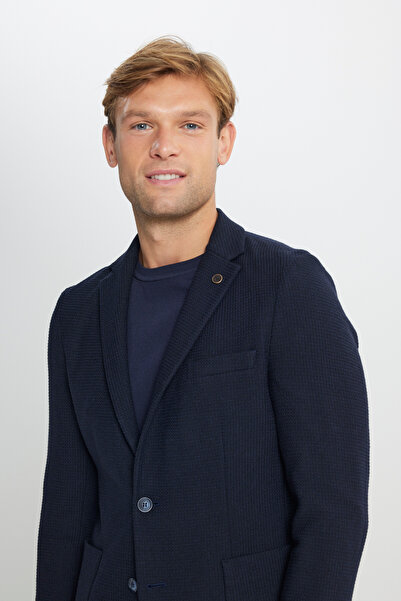 ALTINYILDIZ CLASSICS Erkek Lacivert Yünlü Slim Fit Dar Kesim Mono Yaka Desenli Torba Cepli Ceket